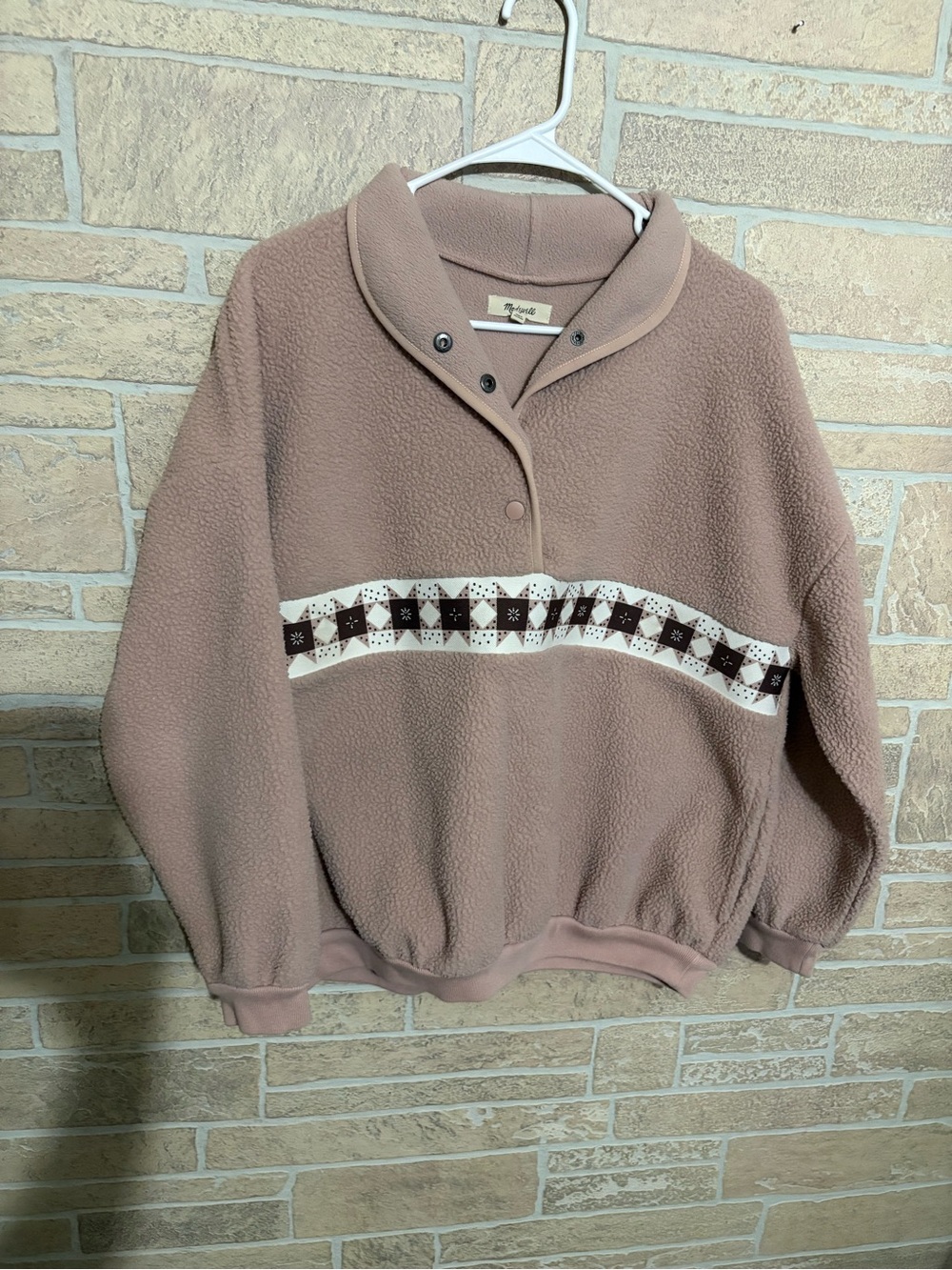 Madewell Taupe Snap-Front Fleece Pullover with Cream & Brown Band